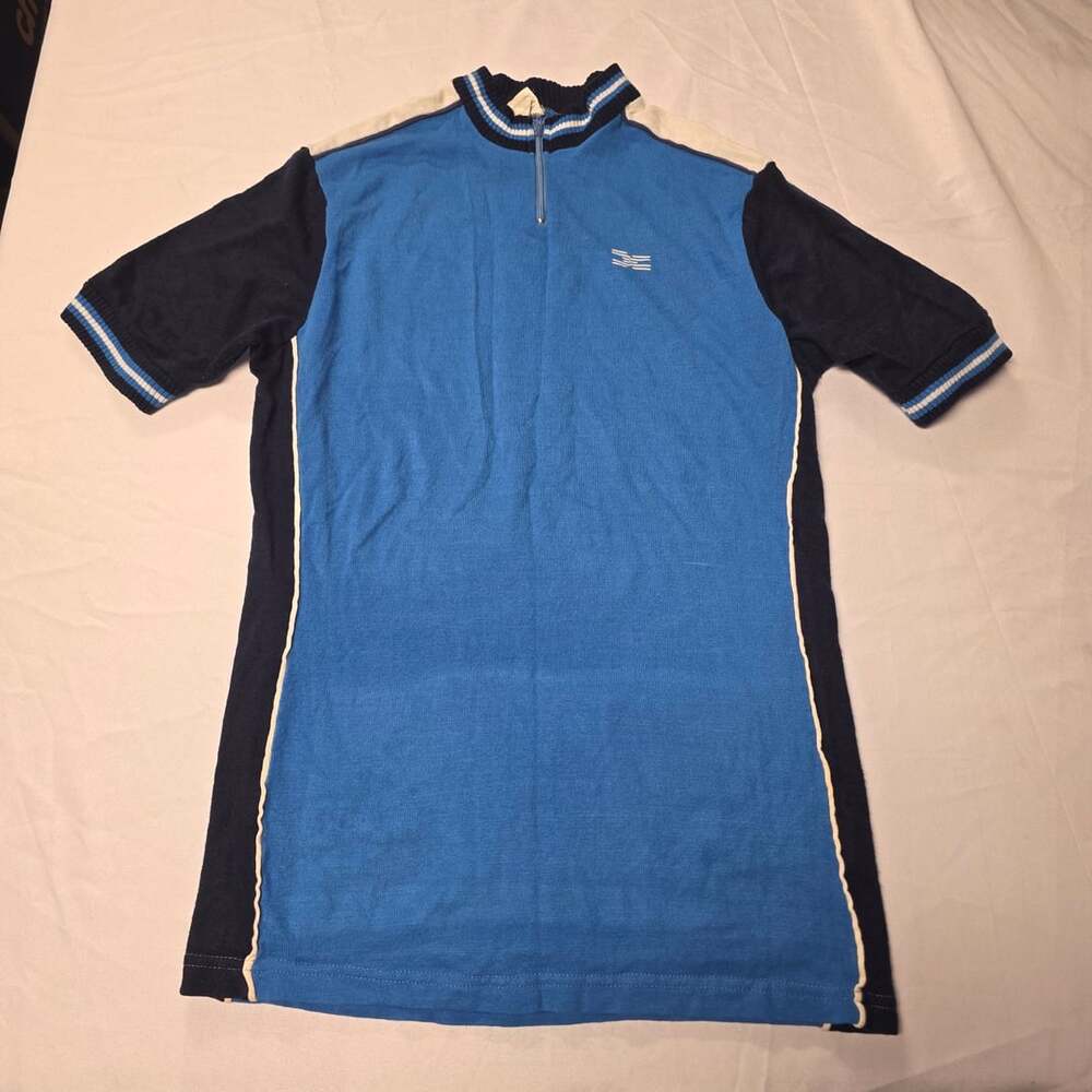Decca Vintage Knit Cycling Jersey Blue and Black with Zip Neck and White Stripes